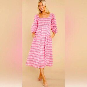 Olivia‎ James the label womens Bridget Country Plaid Pink Midi Dress size small